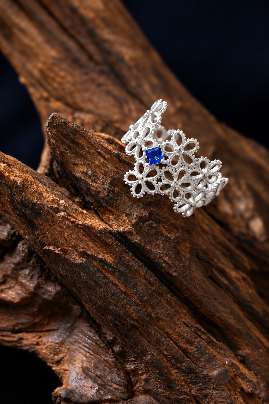 Blue Moissanite Lacework Ring