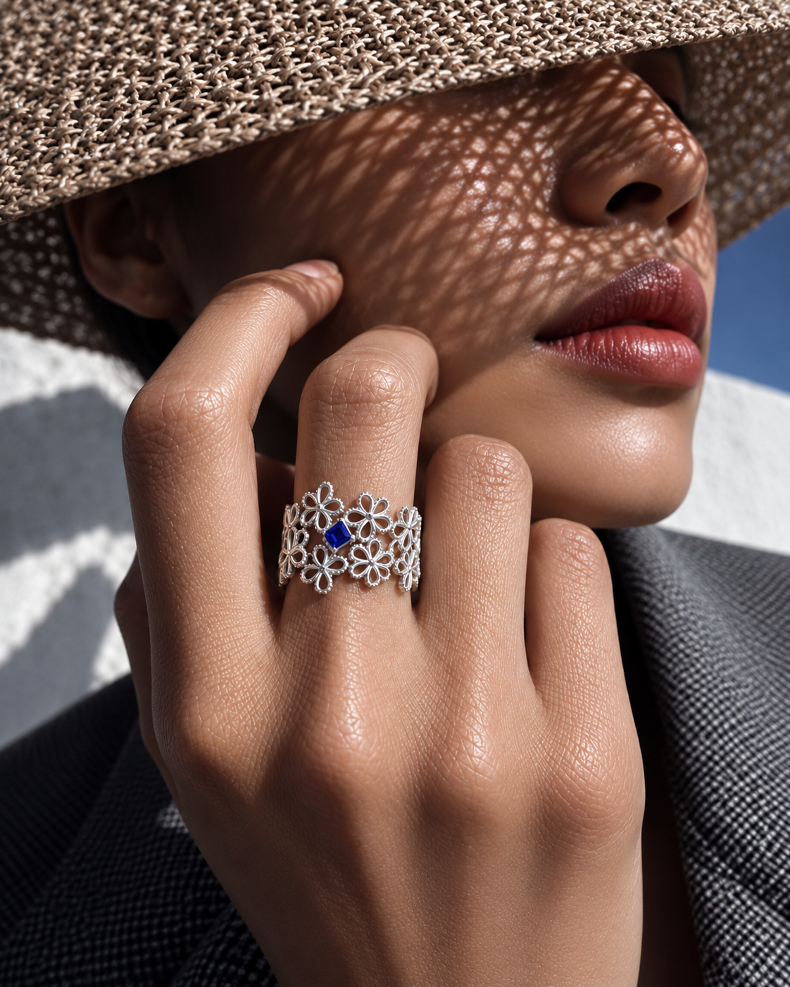 Blue Moissanite Lacework Ring