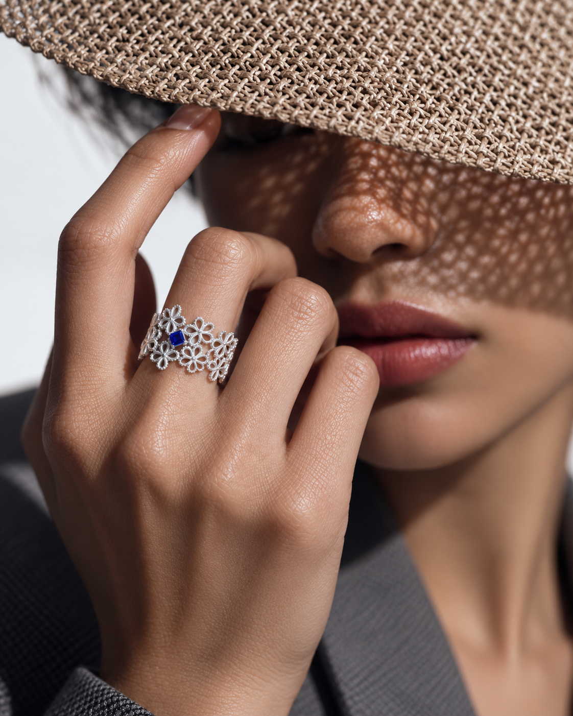 Blue Moissanite Lacework Ring