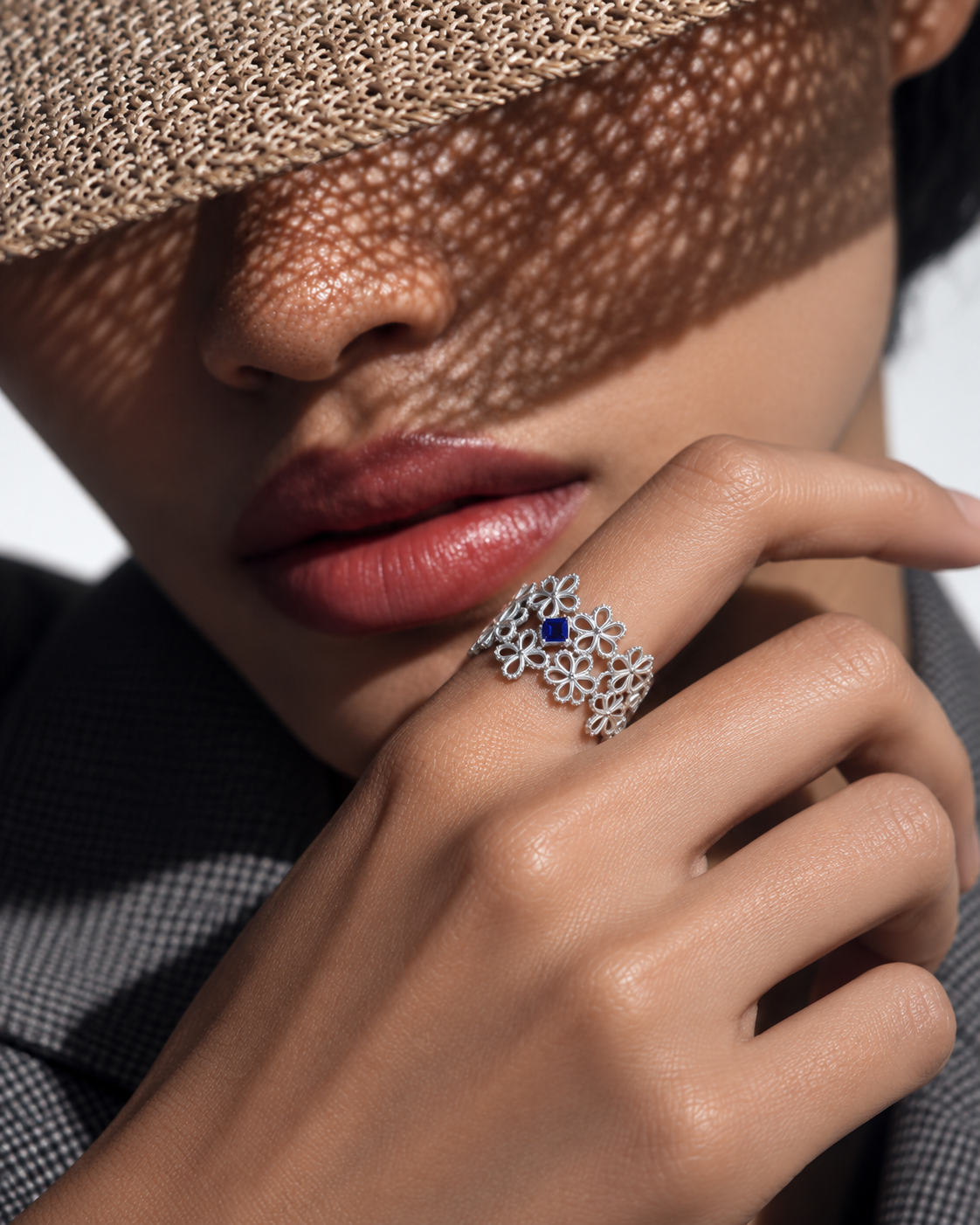 Blue Moissanite Lacework Ring