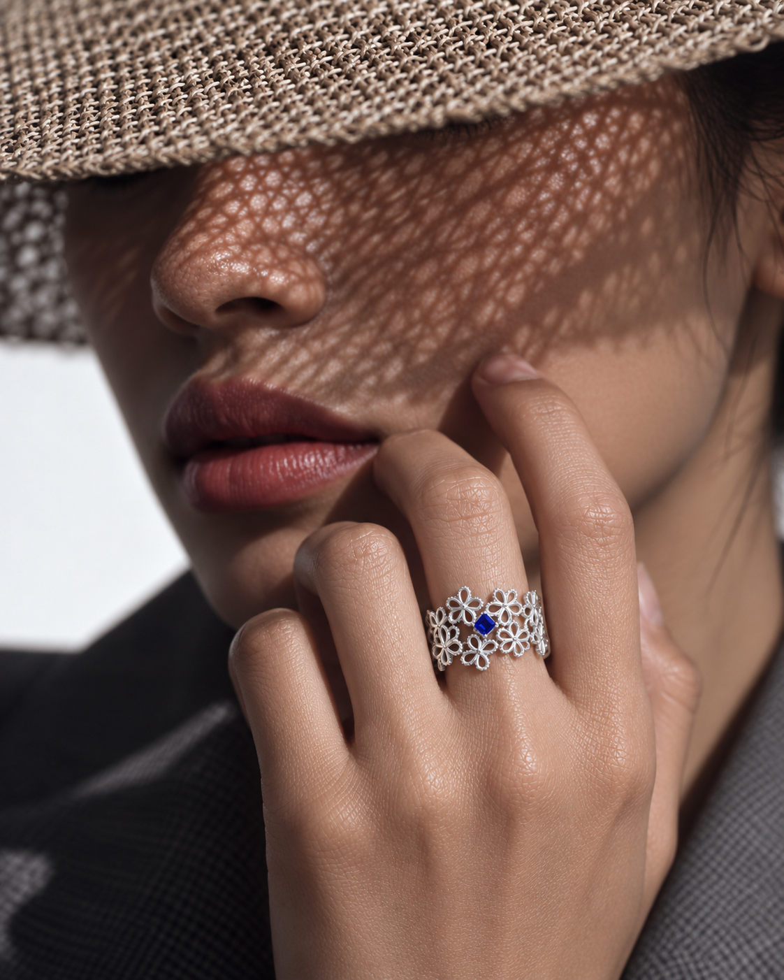 Blue Moissanite Lacework Ring